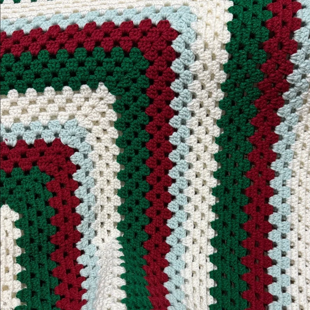 Handmade Crochet Blanket - Green, Red, and Cream